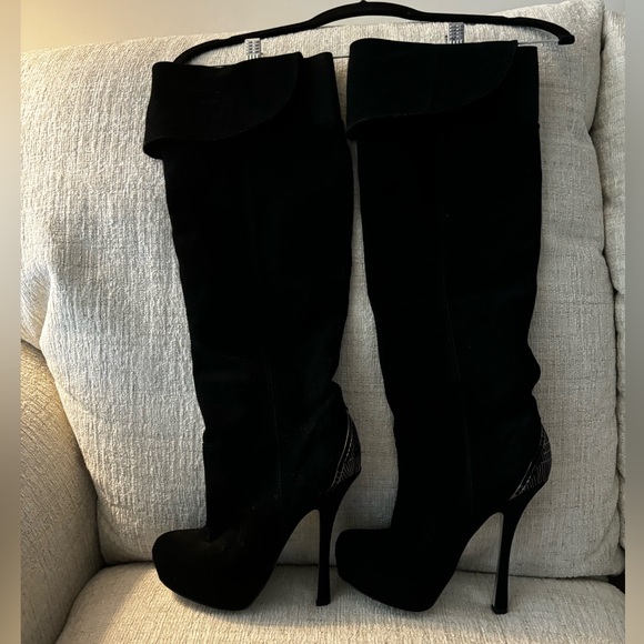H by Halston Shoes - DESIGNER HALSTON MOD BLACK LEATHER THIGH HIGH SUEDE BOOTS 5 INCH HEELS SZ 7